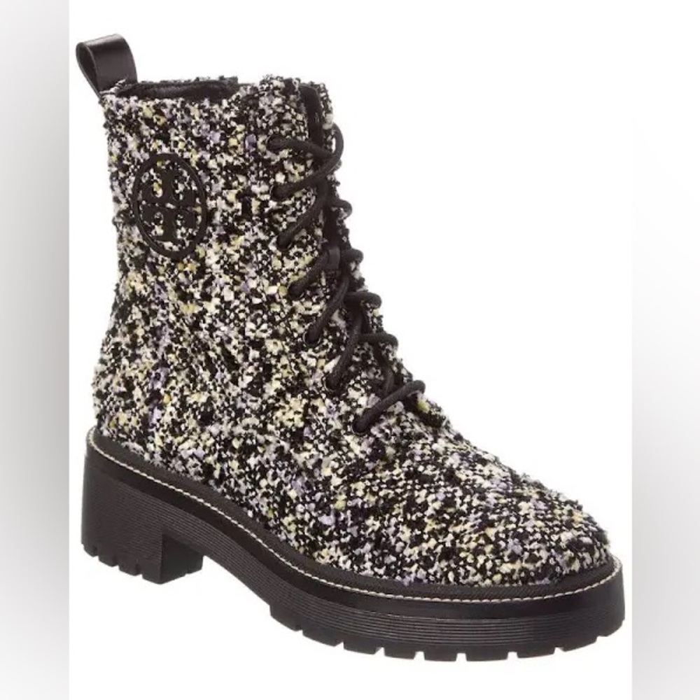 🔥♥️🔥 Tory Burch Miller Lug Sole Tweed & Leather Combat Boots Booties Size 7,5 US
